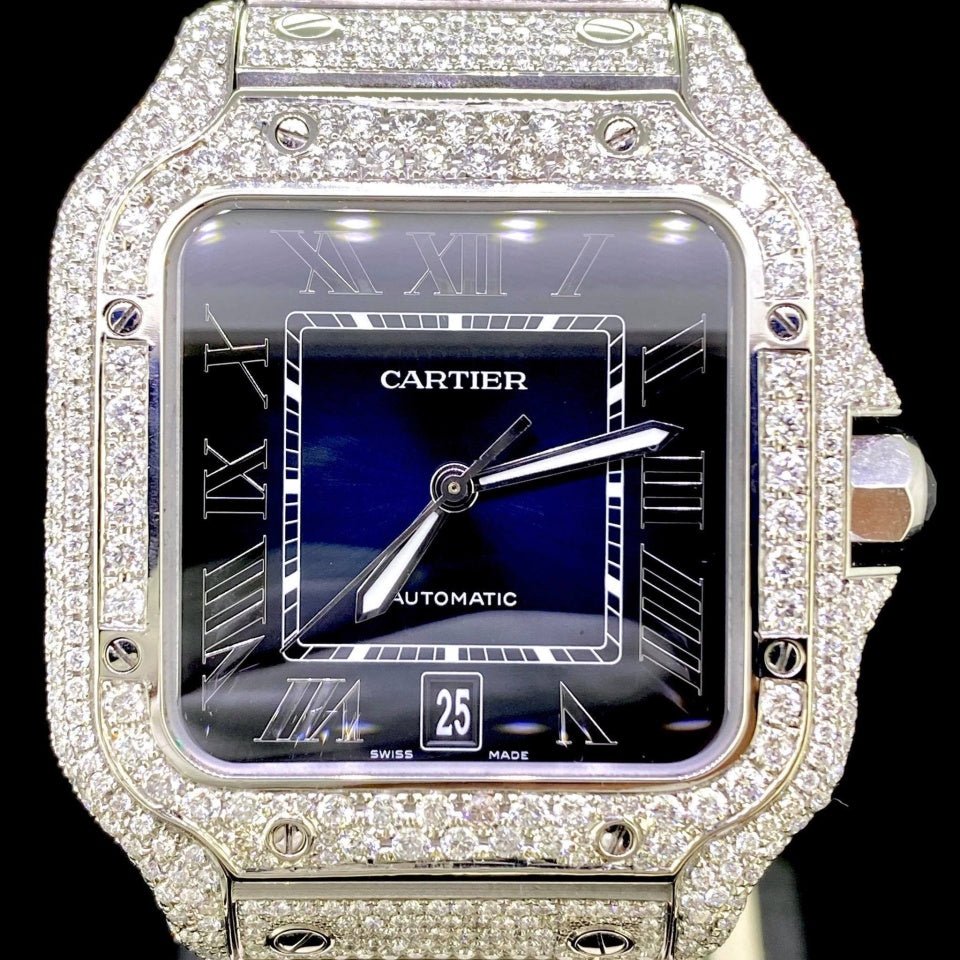 Cartier Santos XL 40MM Steel Blue Dial Fully Iced Out CUSTOM SET Diamonds UNWORN B&P2020 -ON ORDER
